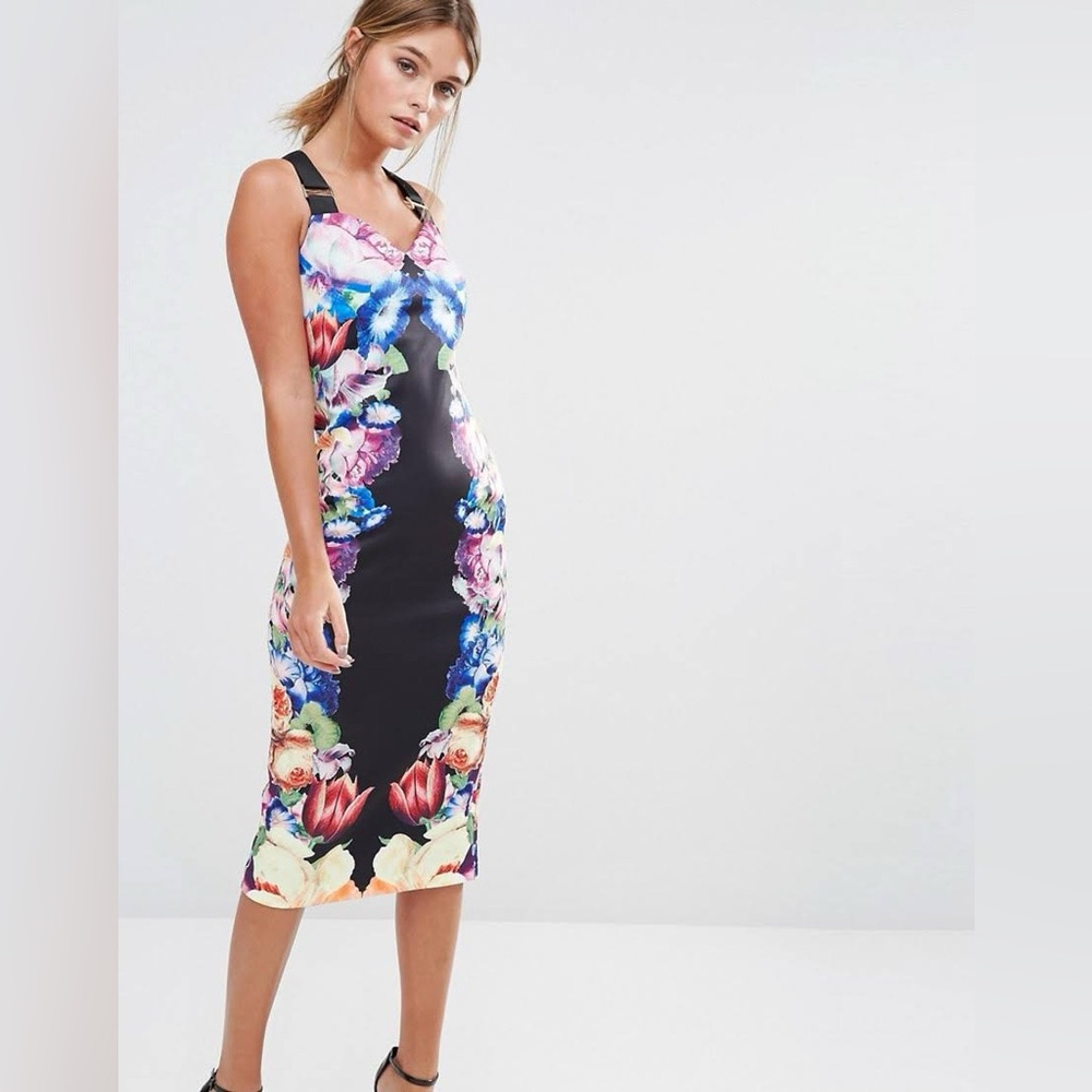 NWOT Ted Baker Deony Midi Sheath Dress with Buckle Straps in Floral, Size 2 US 6